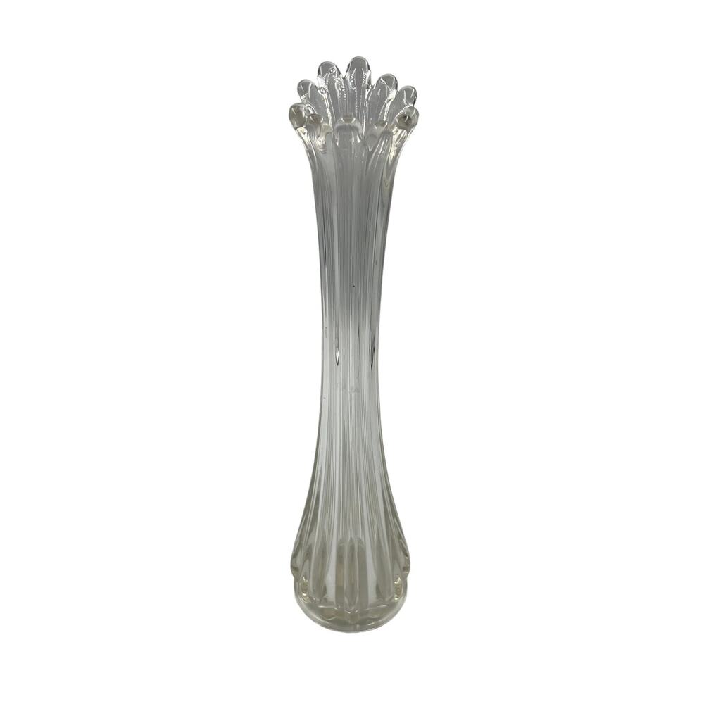 Vintage‎ Clear Glass Swung Stretch Vase Ribbed Ruffled Tear Drop Top MidCentury
